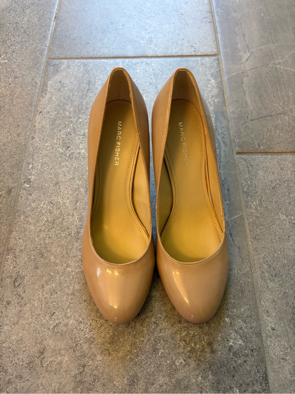 Marc Fisher Beige Patent Leather Round-Toe Pumps
